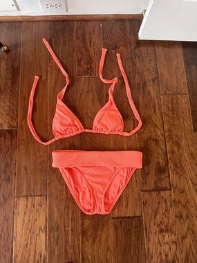 Becca Coral Ribbed Two-Piece Bikini  Set - Bright Coral  size 4